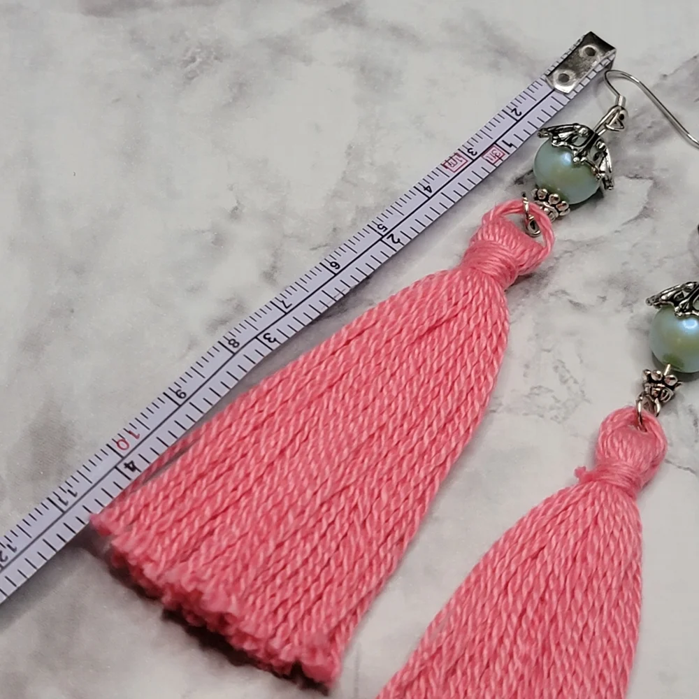 Handmade Tassel Earrings Pink Minty Teal Pearlescent Faux Pearl Bell Boho Hippie